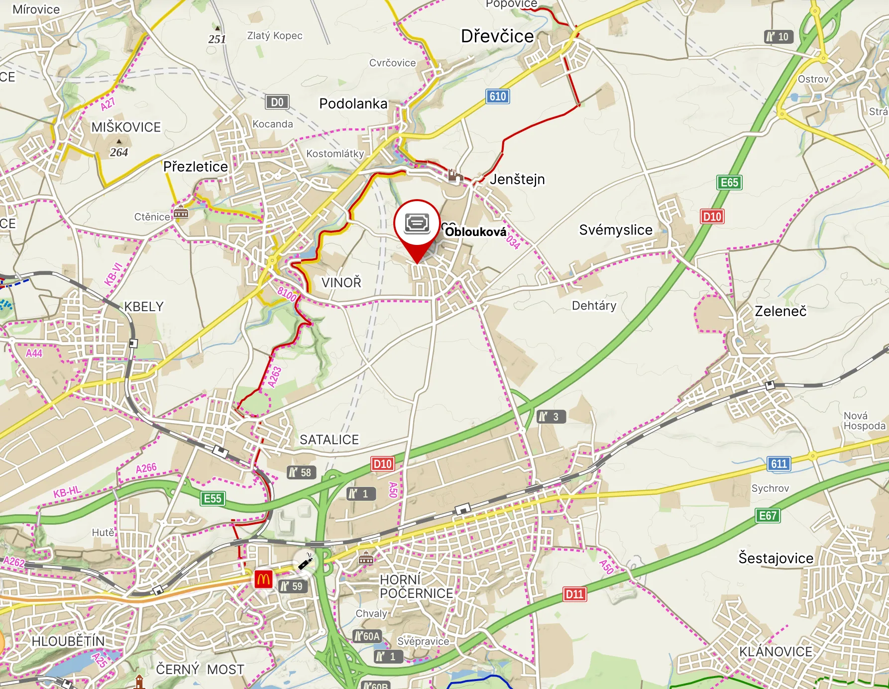 Mapa: Oblouková 323, Radonice u Prahy, mezi Vinoří a Svémyslicemi